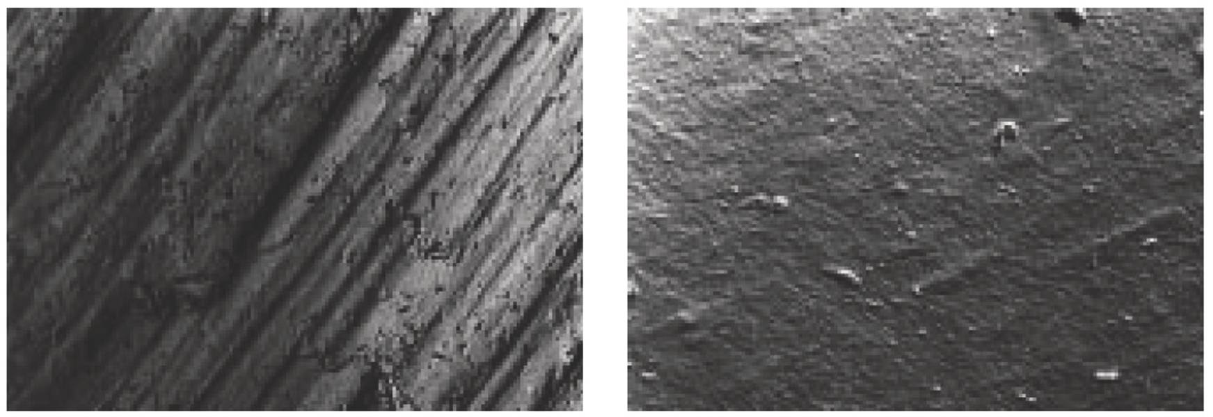 (Fig. 1B und 2B) Aufnahmen der Oberfläche einer neuen Ritzelflanke mit einem Rasterelektronenmikroskop (Modul 25 mm, Rt = 44 μm RA = 4,3 μm / 50-fach vergrößert).