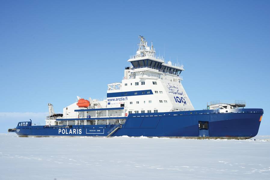 2016年，最新的芬兰破冰船Ib Polaris建造成本为1.23亿欧元。 Arctia有限公司获得了一种LNG燃料双作用PC4级破冰船，能够以3.5节的速度穿透1.8米厚的冰层。照片：Tuomas Romu和Arctia Ltd.