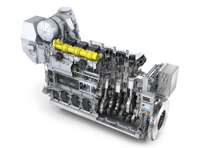 6L35 / 44DF "também é um motor de 4 tempos de combustível duplo capaz de funcionar tanto em combustíveis marinhos como em gás. (Foto: MAN Diesel & Turbo)