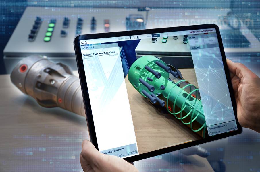 CEON TechGuideは、現実世界のコンテンツを増やすために、空間情報と、テーブルの表面、作業台、壁などの周囲の情報を採用しています。アニメーションは特定のパースペクティブに固定されず、ユーザーはタブレットやヘッドマウントディスプレイを動かして、さまざまな角度からコンポーネントを表示したり、スペアパーツの分解図を取得したりできます。画像：MAN ES