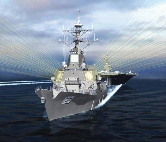 Conceito do artista de um voo DDG-51 III com o radar da defesa do ar e do míssil (AMDR). Imagem: Raytheon