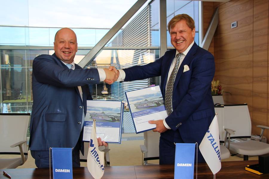 Damen Shipyards集团东欧销售经理Peter Anssems与Eesti Gaas监事会主席Ain Hanschmidt（照片：Damen）