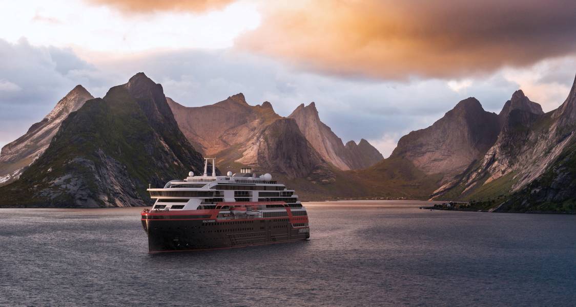 Ein Eindruck von der MS Roald Amundsen in den norwegischen Fjorden. Das Schiff soll noch in diesem Jahr ausgeliefert werden. Grafik mit freundlicher Genehmigung von Hurtigruten