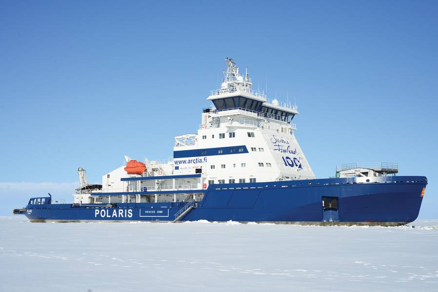 Im Jahr 2016 wurde der neueste finnische Eisbrecher Ib Polaris zu einem Preis von 123 Millionen Euro gebaut. Arctia Ltd. erhielt einen mit LNG betriebenen doppeltwirkenden Eisbrecher der Klasse PC4, der 1,8 m dickes Eis mit einer Geschwindigkeit von 3,5 Knoten durchdringen kann. Foto: Tuomas Romu und Arctia Ltd.