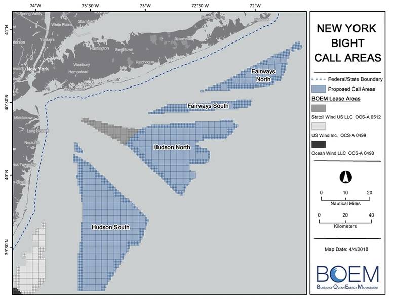 New York Bight Anrufbereiche. "Aufruf" ist eine Abkürzung, die sich auf Aufforderungen zur Einreichung von Vorschlägen oder Aufrufe zur Interessenbekundung in einem Gebiet bezieht. (Bild: BOEM)