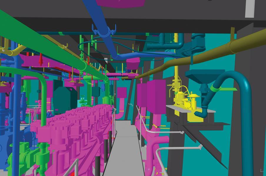 A Northrop Grumman Shipbuilding completou o desenvolvimento da fase de projeto de detalhes para o Gerald R. Ford (CVN 78) no Modelo de Produto tridimensional. Imagem: HII / NNS