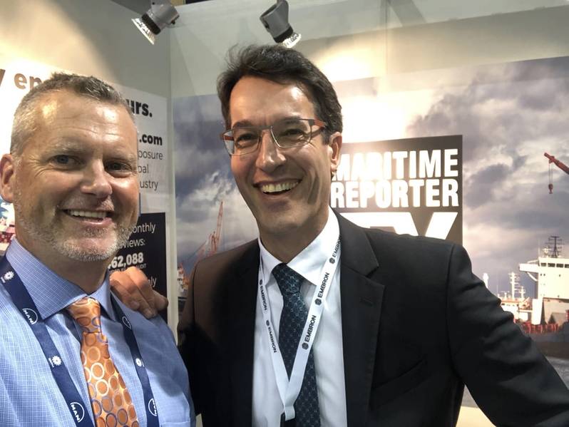 O estande da Maritime Reporter TV no SMM 2018 contou com visitas de mais de duas dúzias de executivos para entrevistas, incluindo Götz Vogelmann, Hatteland Display. (Foto: Maritime Reporter TV)