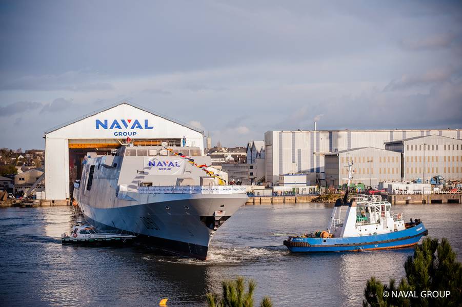 A fragata naval francesa FREMM Normandie foi lançada no dia 1 de fevereiro no estaleiro Naval Group em Lorient, França (Foto: Grupo Naval)