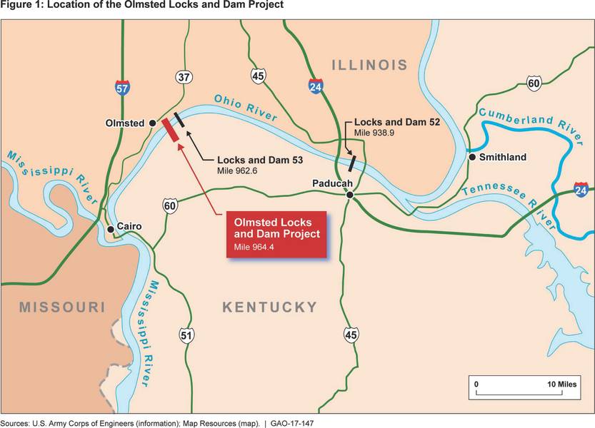 عرض USACE من البنية التحتية لمنطقة قفل أولمستيد (Credit: US GAO)