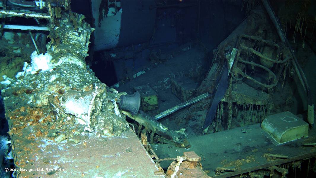 从ROV拍摄的图像显示了印第安纳波利斯号航空母舰的残骸（图片由Paul G. Allen提供）