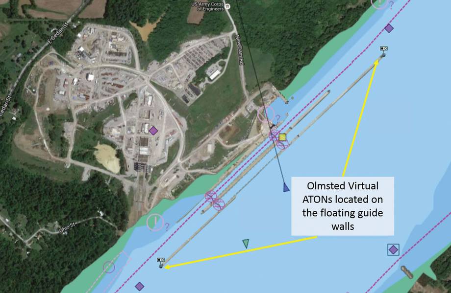 电子导航图表显示Olmsted Locks和Dam浮动导墙上的虚拟浮标。这些标志是提高海上作业安全性和效率的项目中的第一波。 （照片来自USACE）