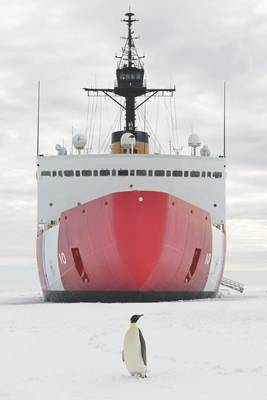 皇帝ペンギンは、2018年1月10日水曜日、南極近くのマクマードサウンドの沿岸警備隊カッター極星の前で写真のポーズをとります。シアトルに拠点を置く極星の乗組員は、Operation Deepを支援して南極に向かう途中です。米国国立科学財団が管理する米国南極プログラムへの米軍の貢献である2018年の凍結。米海上保安庁の写真、チーフペティオフィサーニックアミーン。