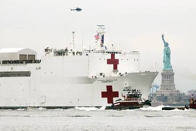 2020 年 3 月 30 日，布赖恩·A·麦卡利斯特上尉带领 USNS COMFORT 驶入纽约港，途经自由女神像。（图片来源：Max Guliani）