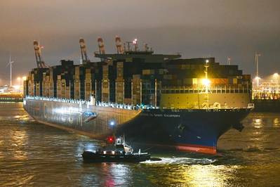 CMA CGM Antoine de Saint Exupery hat am Donnerstagmorgen, 15. März, im Hamburger Hafen einen Jungfernruf gehalten (© HHM / Dietmar Hasenpuscch)