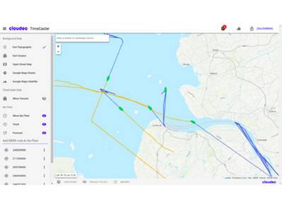 Die TimeCaster-Web-App: Bisherige Versandrouten werden blau dargestellt und vorausgesagte zukünftige Routen gelb dargestellt (Bild: cloudeo)
