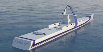 Diseño conceptual del barco no tripulado NOMARS Defiant (Imagen: DARPA)
