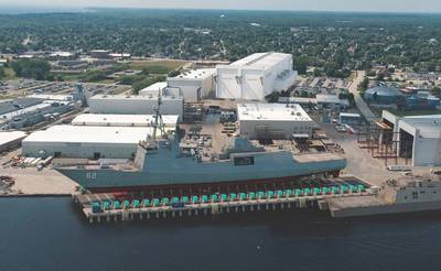 Fincantieri Marinette Marine-Visualisierung mit fertiggestelltem Bauwerk und FFG-62 auf dem Schiffshebewerk (Bildnachweis: FMG/Archiv)