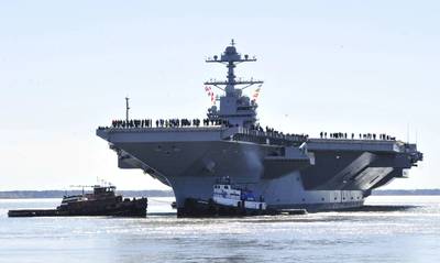 Ο Gerald R. Ford (CVN 78) αναχωρεί από την Huntington Ingalls Industries Newport News Ναυπηγική βιομηχανία για τις δοκιμές της θάλασσας του οικοδόμου τον Απρίλιο του 2017 (φωτογραφία του Αμερικανικού Ναυτικού από τον Christopher Delano)