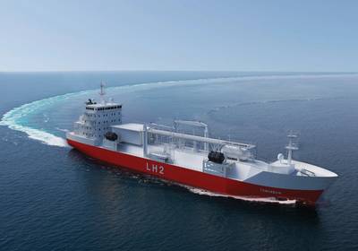 Renderings eines Massengutfrachters für den Transport von verflüssigtem Wasserstoff von Moss Maritime, Wilhelmsen Ship Management, Equinor und DNV-GL. Bildnachweis: Moss Maritime.