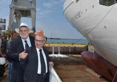 Silversea Chairman Manfredi Lefebvre d'Ovidio mit Fincantieri CEO Giuseppe Bono bei der Einführung von Silver Muse im Jahr 2016 (Foto: Fincantieri)