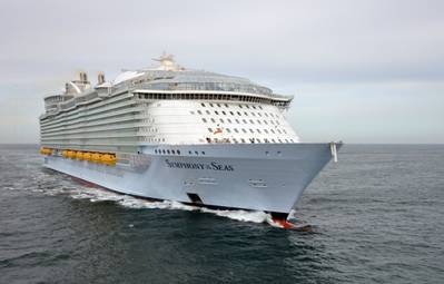 O Symphony of the Seas, construído pela STX France para a Royal Caribbean, assumiu o posto de maior navio de cruzeiro do mundo (Foto: Royal Caribbean)