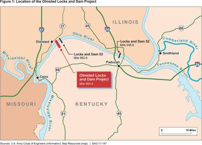 Una representación de USACE de la infraestructura del área de bloqueo de Olmsted (Crédito: US GAO)