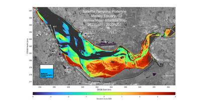 Wissenschaftler des britischen National Oceanography Centre (NOC) in Liverpool haben mithilfe von Satellitendaten einzigartige Einblicke in den berühmten Fluss Mersey gewonnen. Diese Erkenntnisse sollen Hafenbetreibern helfen, komplexe Schifffahrtswege effizienter zu managen. Bildnachweis: NOC