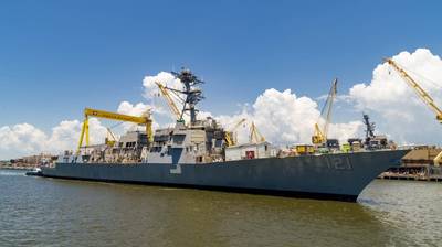 A divisão Ingalls Shipbuilding da HII lançou o destróier da classe Arleigh Burke Frank E. Petersen Jr. (DDG 121) na sexta-feira. (Foto: HII)