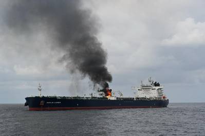 O petroleiro Marlin Luanda foi atingido por um míssil antinavio disparado pelas forças Houthi em 26 de janeiro de 2024. (Foto: Marinha Indiana)