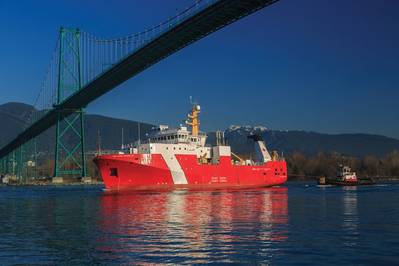 O primeiro grande navio lançado no âmbito da Estratégia Nacional de Construção Naval do Canadá, CCGS Sir John Franklin, navio de ciências pesqueiras offshore (Foto: Heath Moffat Photography)