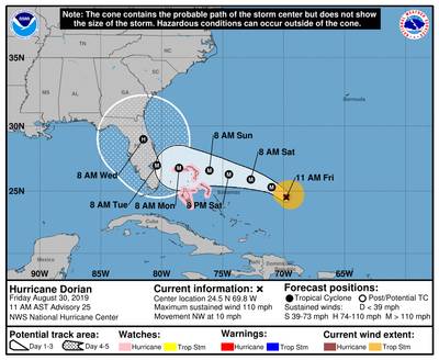 A situação do NOAA National Hurricane Center Storm Cone às 1100 horas locais em 30 de agosto de 2019.