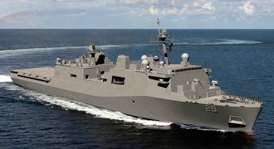 サンアントニオ級の水陸両用トランスポートドック船USS Richard M. McCool Jr.（LPD 29）のグラフィックイラスト。 （米海軍写真イラストレイモンドD.ディアスIII）