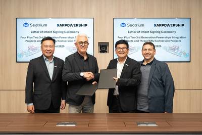从左到右依次为：Seatrium 首席执行官 Chris Ong 先生、Karpowership 首席技术运营官 Gokhan Kocak 先生、Seatrium 维修与升级执行副总裁 Alvin Gan 先生和 Karpowership 首席执行官 Orhan Remzi Karadeniz 先生。图片来源：Seatrium