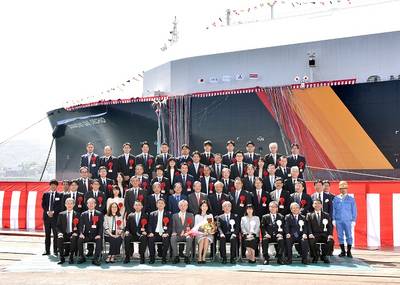 新しく建設されたLNG船のDiamond Gas Orchidは、18日の式典で正式に名付けられた（写真：NYK）