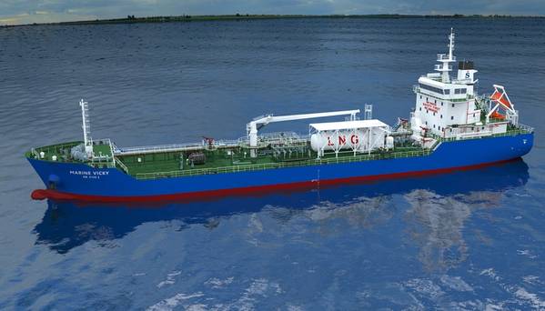 Das 7.990-dwt-Gebäude, das bald Marine Vicky heißt, wird der erste Bunkertanker für Singapur und Sinanju sein, der hauptsächlich mit LNG betrieben wird. (Bild: Sinanju Tankers Holdings)