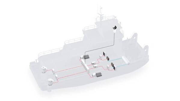 Ilustración del concepto de un barco de empuje impulsado por un sistema de celda de combustible (Imagen: ABB)