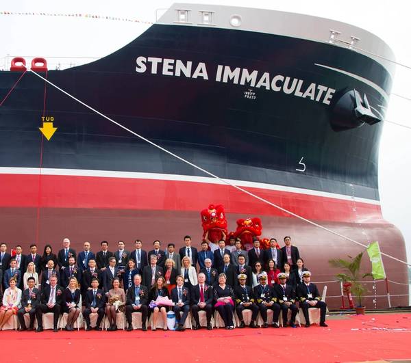 Tempos mais felizes para o Stena Immaculate: O navio durante sua cerimônia de entrega em janeiro de 2017 na Guangzhou Shipbuilding International (GSI) da China. Imagem cortesia da Stena Bulk