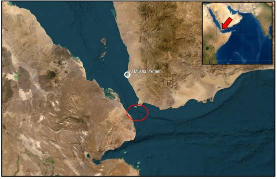 La UKMTO recibió un informe de un ataque a un barco a unas 45 millas náuticas al sur de Mukha, Yemen. (Imagen: Operaciones comerciales marítimas del Reino Unido)