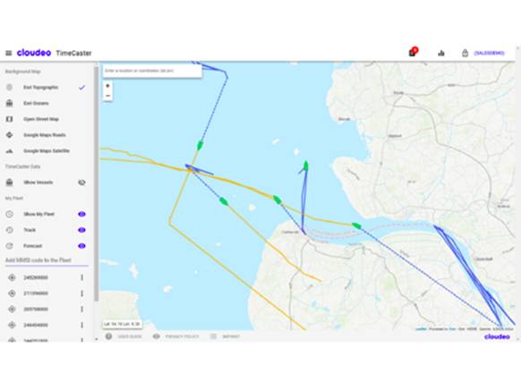 O aplicativo da web TimeCaster: as rotas de envio anteriores são exibidas em azul e as rotas futuras previstas são mostradas em amarelo (Imagem: cloudeo)