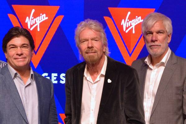 صورة الملف - من اليسار إلى اليمين: Tom McAlpin ، الرئيس التنفيذي لشركة فيرجن والرئيس ؛ السير ريتشارد برانسون ، مؤسس العذراء ؛ وستوارت هوكينز ، Virgin SVP Marine and Technical عند طرح الاسم والشعار الجديدين لشركة Virgin Voyages في عام 2017. (Photo: Wärtsilä)