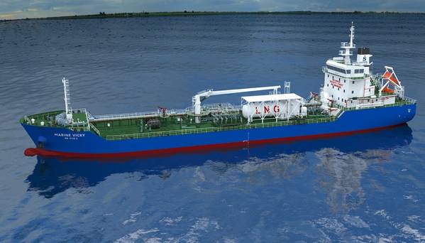 即将命名为Marine Vicky的7,990载重吨新造船将成为新加坡和Sinanju的第一艘主要由液化天然气提供动力的燃油加油机。 （图片：Sinanju Tankers Holdings）