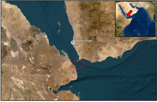 英国海事贸易运营局收到报告称，也门穆哈以南约 45 海里处发生一起船舶袭击事件。（图片：英国海事贸易运营局）