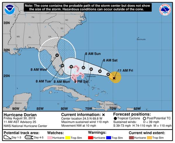 2019年8月30日当地时间11时，NOAA国家飓风中心风暴锥情况。