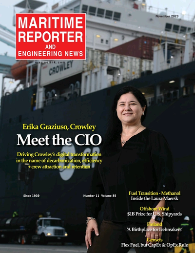 Cover of November 2023 issue of Maritime Reporter and Engineering News Magazine