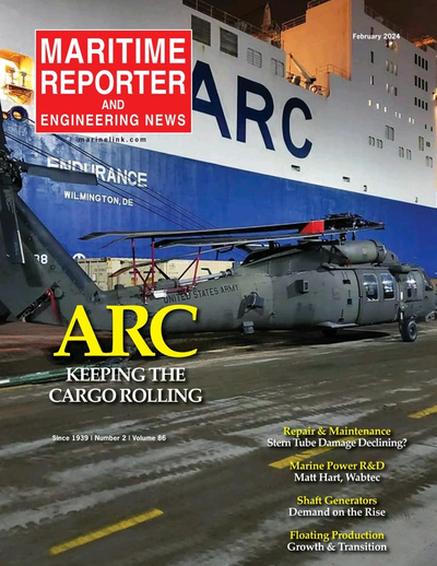 Cover of February 2024 issue of Maritime Reporter and Engineering News Magazine