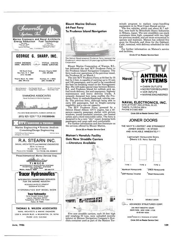 Maritime Reporter Magazine, page 109,  Jun 1986