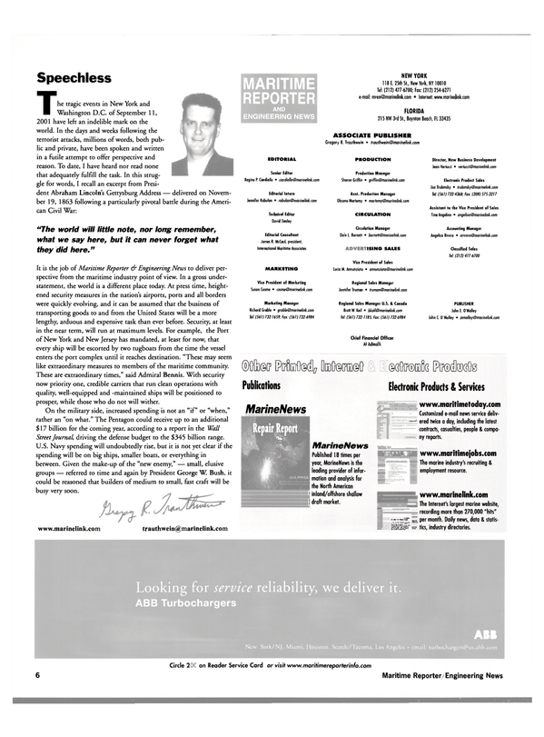 Maritime Reporter Magazine, page 6,  Oct 2001