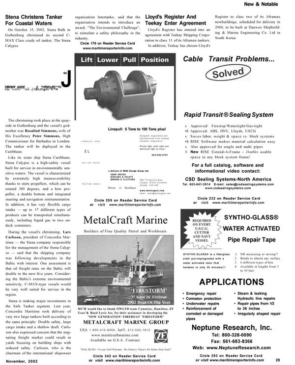 Maritime Reporter Magazine, page 29,  Nov 2002