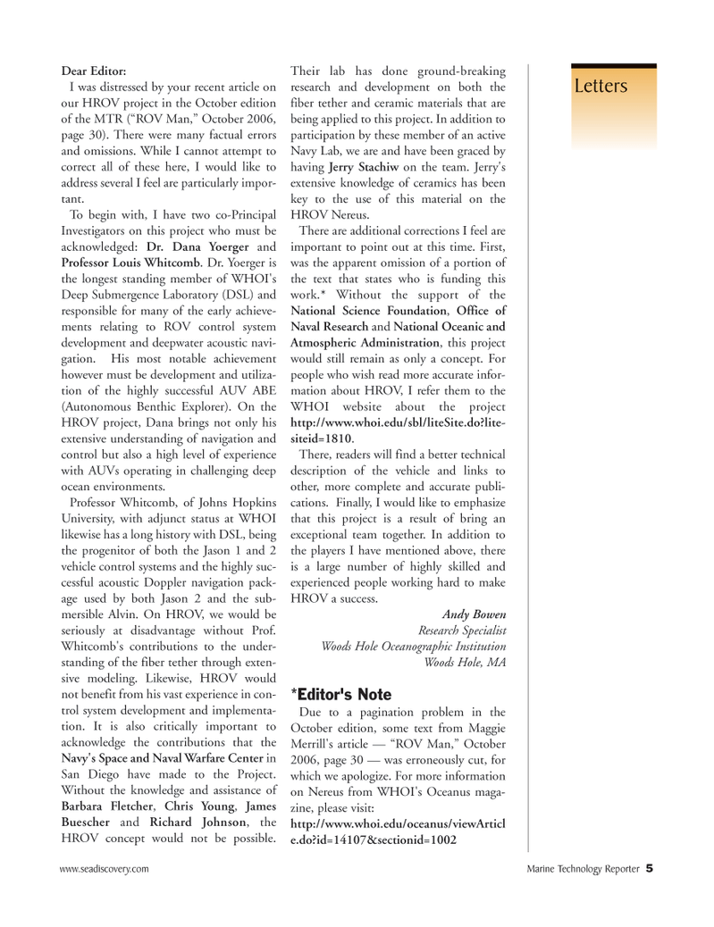 Marine Technology Magazine, page 5,  Nov 2006