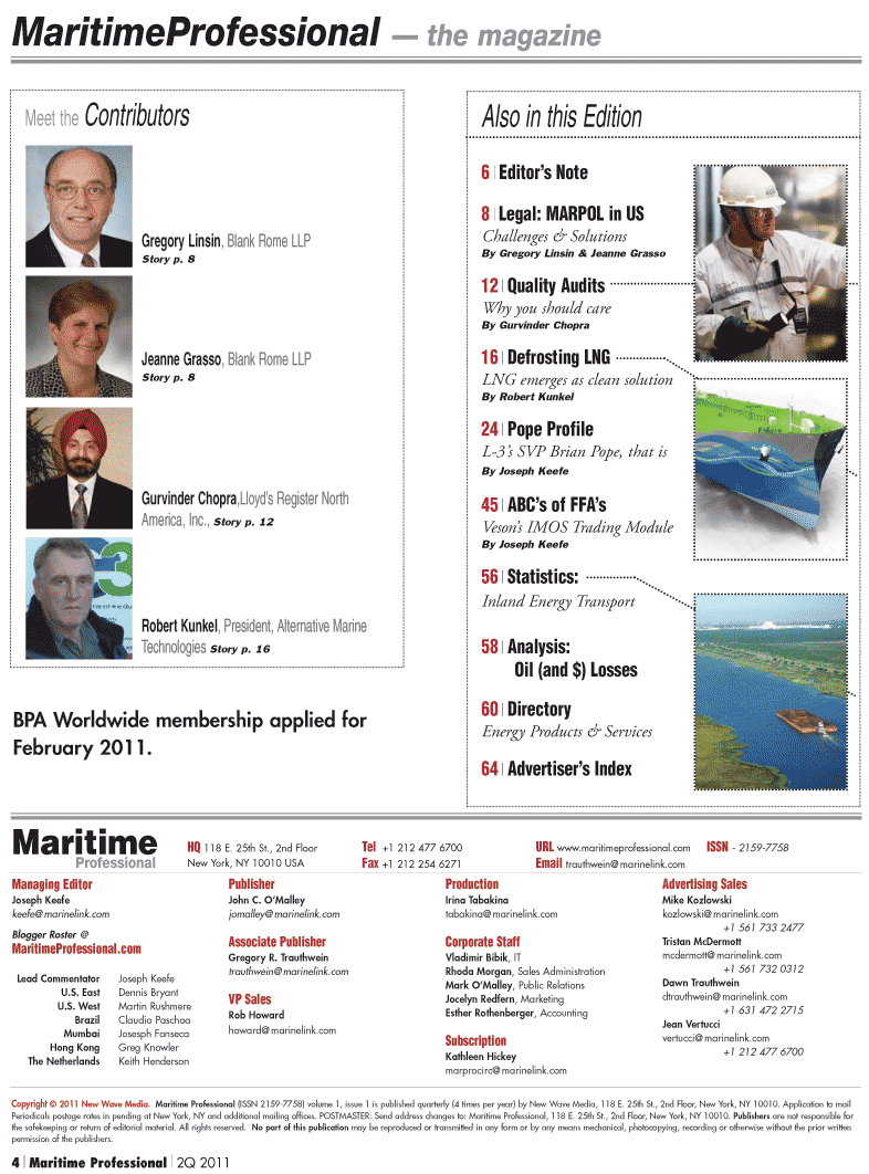 Maritime Logistics Professional Magazine, page 4,  Q2 2011